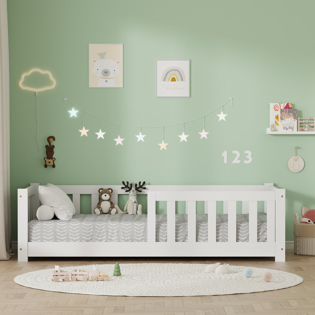 FurnitureHMD Children's Bed with Full-Length Guardrails Slatted Bed Frame Toddler Floor Bed