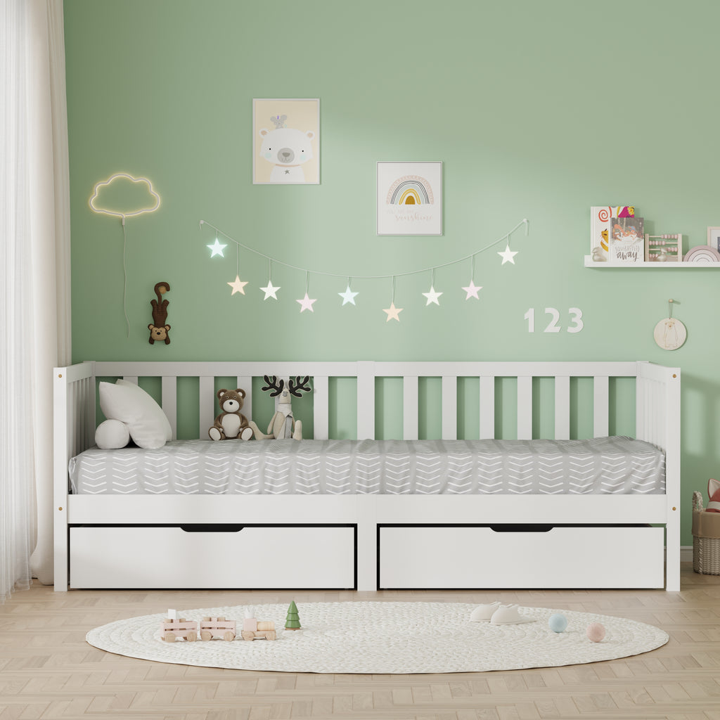 FurnitureHMD Children’s Bed Single Bed Frame with Guardrails and 2 Storage Drawers,Solid Pine Wood
