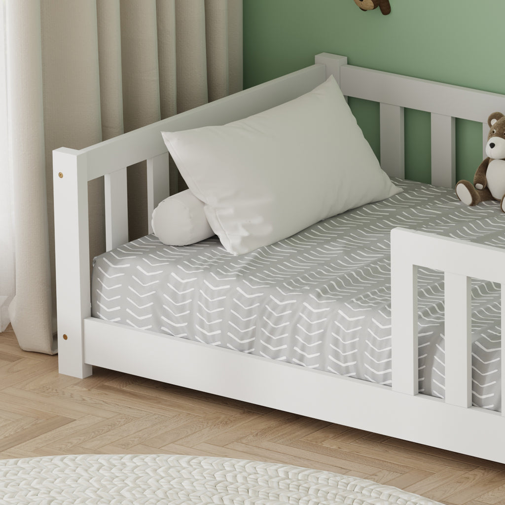 FurnitureHMD Children's Bed with Full-Length Guardrails Slatted Bed Frame Toddler Floor Bed