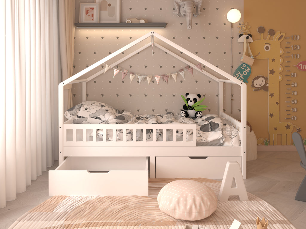 Homemade Design Solid Wood Kids Bed Frame with 2 Drawers Children House Bed Frame Scandinavian Style