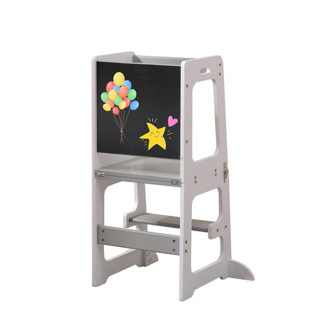 Homemade Design Baby Step Stool Toddler Learning Tower with Chalkboard Nursery Standing Kitchen Helper for Sink and Counter,White and Grey
