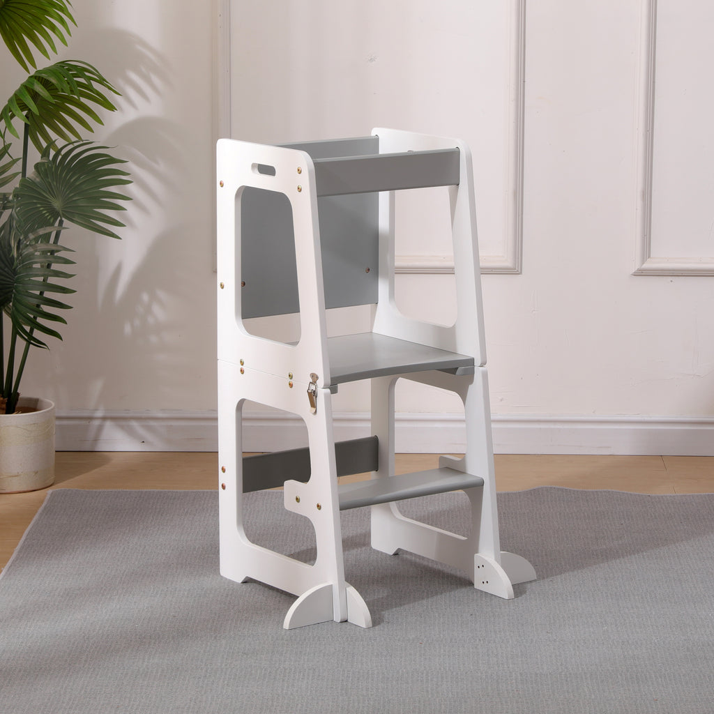 Homemade Design Baby Step Stool Toddler Learning Tower with Chalkboard Nursery Standing Kitchen Helper for Sink and Counter,White and Grey