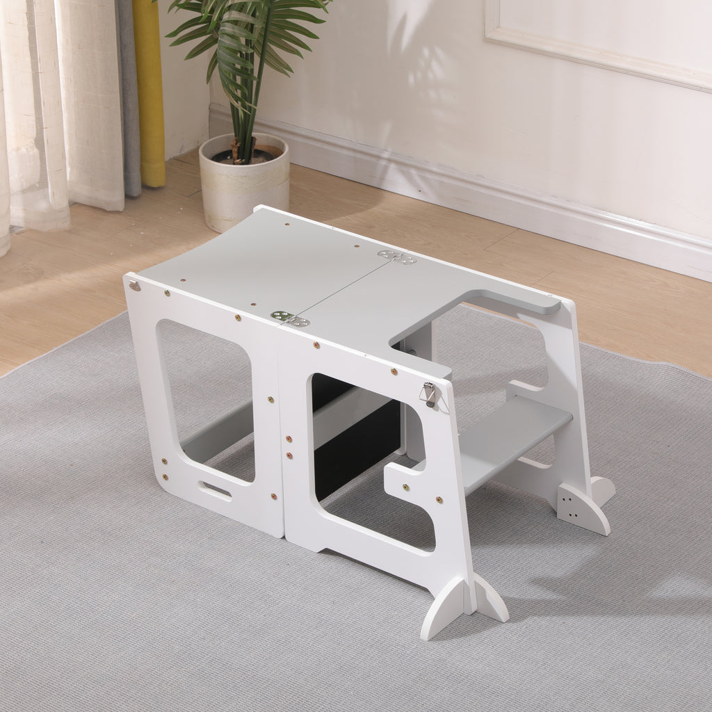Homemade Design Baby Step Stool Toddler Learning Tower with Chalkboard Nursery Standing Kitchen Helper for Sink and Counter,White and Grey