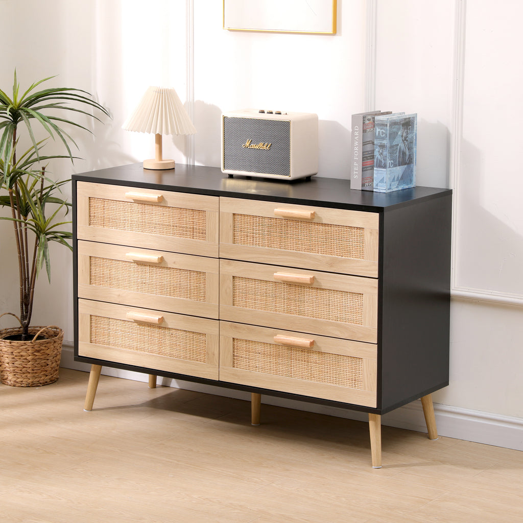Homemade Design 6 Drawers Rattan Wide Chest,Storage Sideboard Cabinet,Organizer Unit for Bedroom,Living Room,Hallway