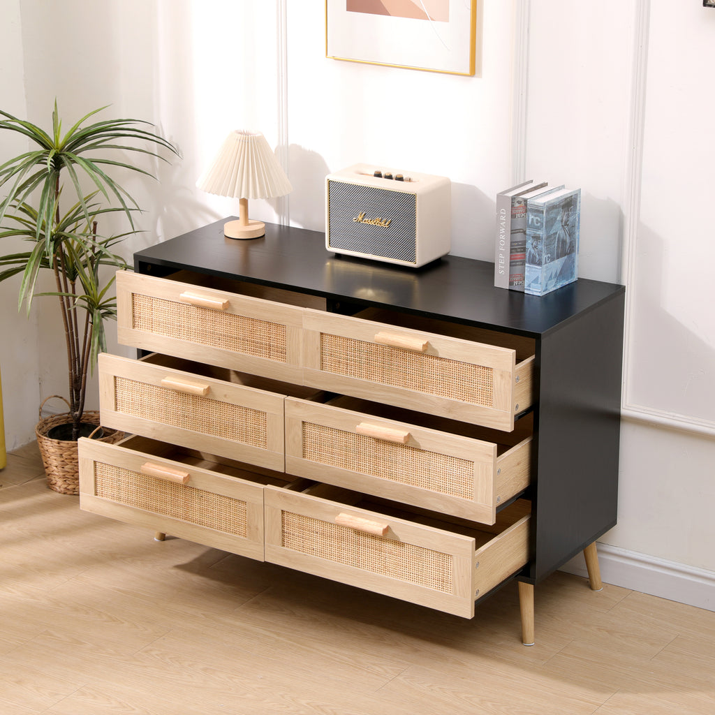 Homemade Design 6 Drawers Rattan Wide Chest,Storage Sideboard Cabinet,Organizer Unit for Bedroom,Living Room,Hallway