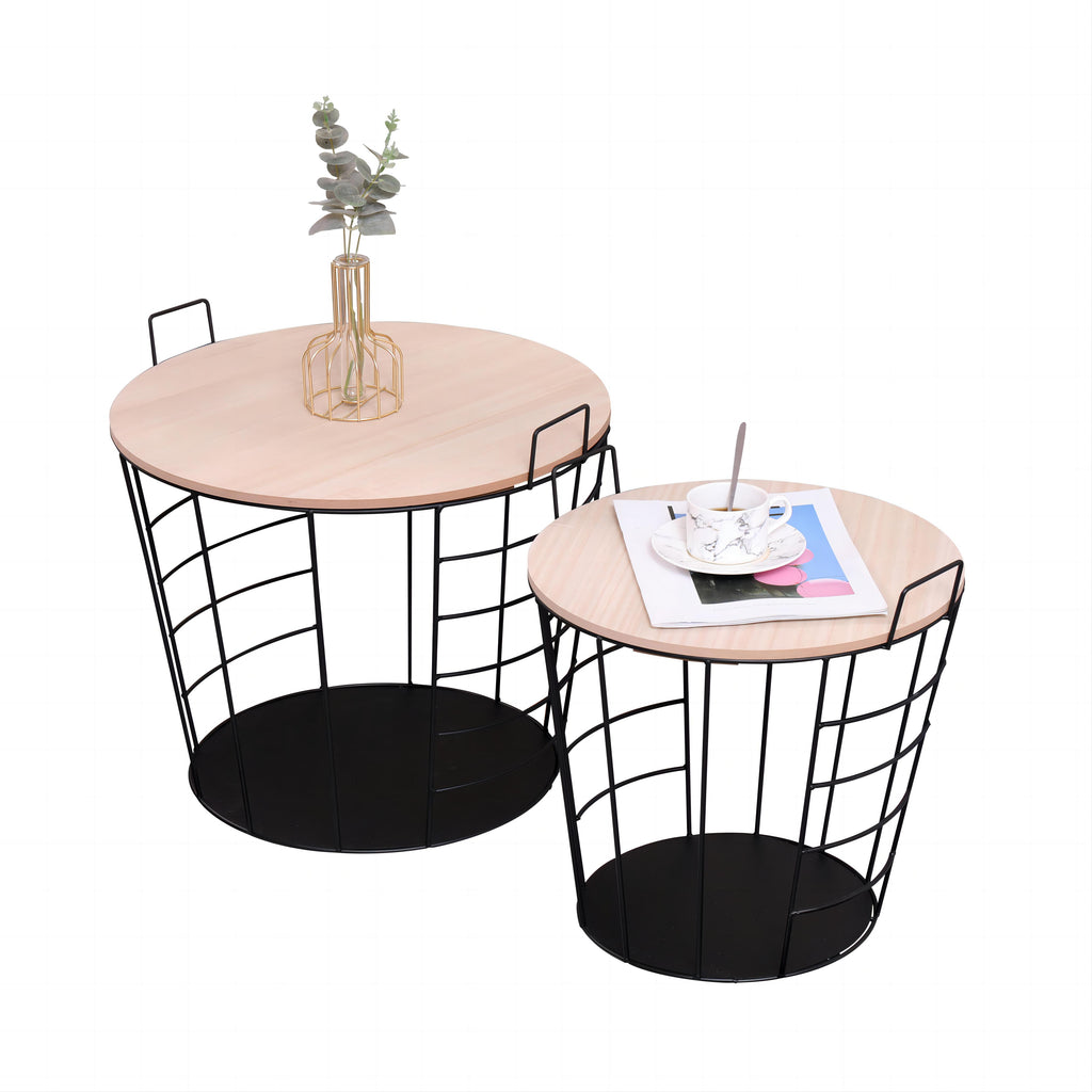 Homemade Design Nest of 2 Table Set Coffee/End/Side Table Metal Wire Basket Removable Top