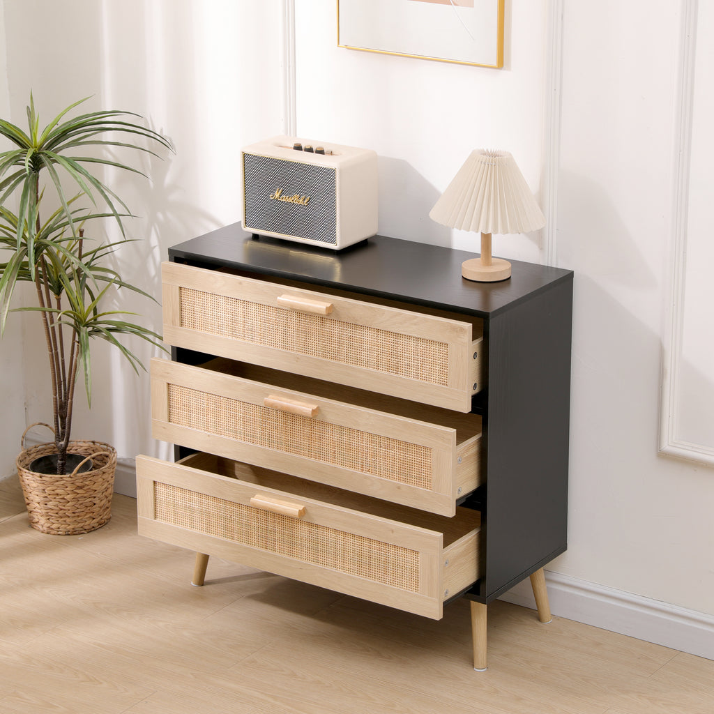 FURNITURE HMD Rattan Chest of Drawers,Storage 3 Drawer Dresser with Pine Legs,Freestanding Cupboard Organizer Unit