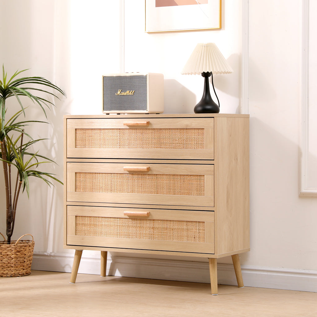 FURNITURE HMD Rattan Chest of Drawers,Storage 3 Drawer Dresser with Pine Legs,Freestanding Cupboard Organizer Unit