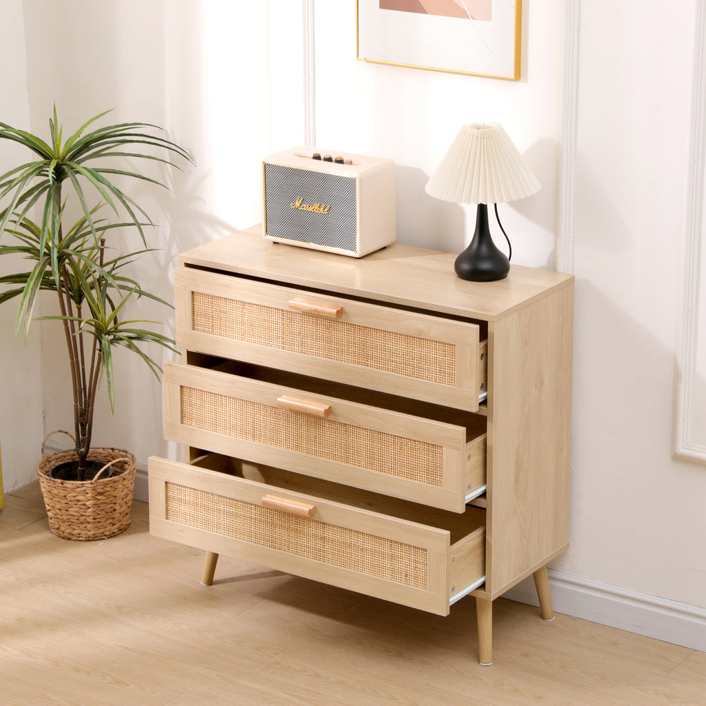 FURNITURE HMD Rattan Chest of Drawers,Storage 3 Drawer Dresser with Pine Legs,Freestanding Cupboard Organizer Unit