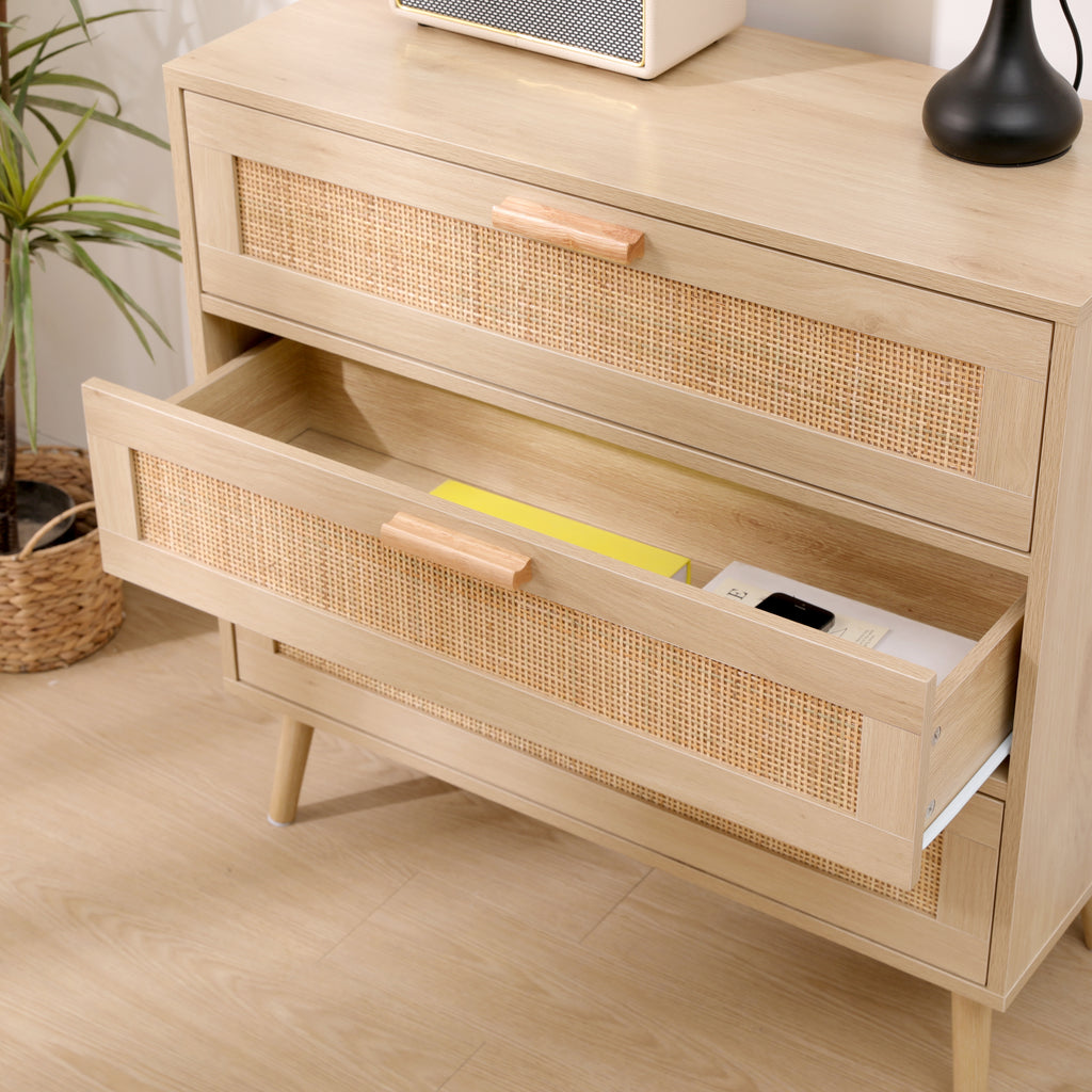 FURNITURE HMD Rattan Chest of Drawers,Storage 3 Drawer Dresser with Pine Legs,Freestanding Cupboard Organizer Unit
