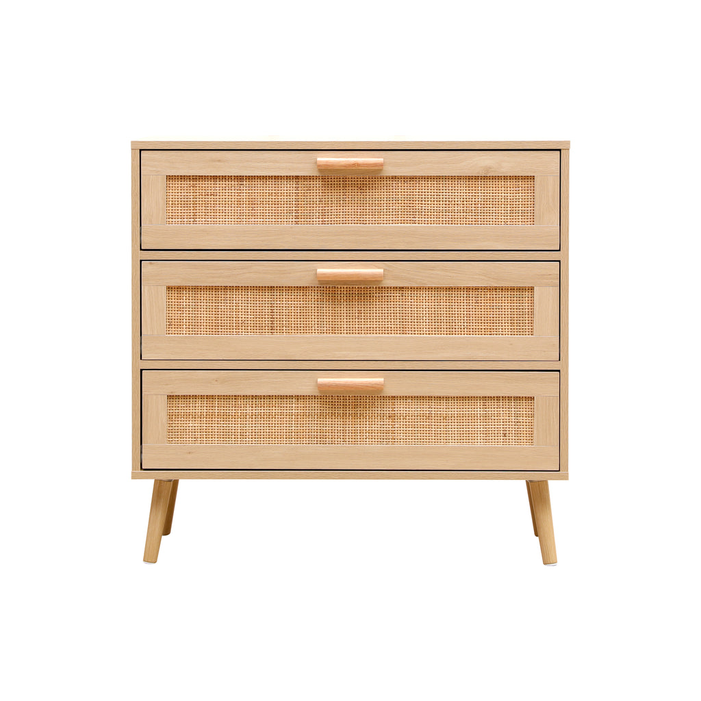 FURNITURE HMD Rattan Chest of Drawers,Storage 3 Drawer Dresser with Pine Legs,Freestanding Cupboard Organizer Unit