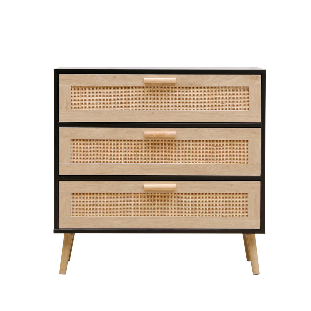 FURNITURE HMD Rattan Chest of Drawers,Storage 3 Drawer Dresser with Pine Legs,Freestanding Cupboard Organizer Unit