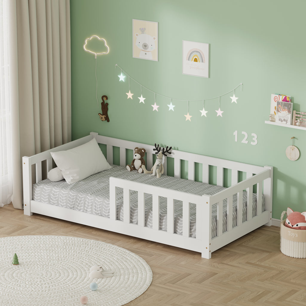 FurnitureHMD Children's Bed with Full-Length Guardrails Slatted Bed Frame Toddler Floor Bed