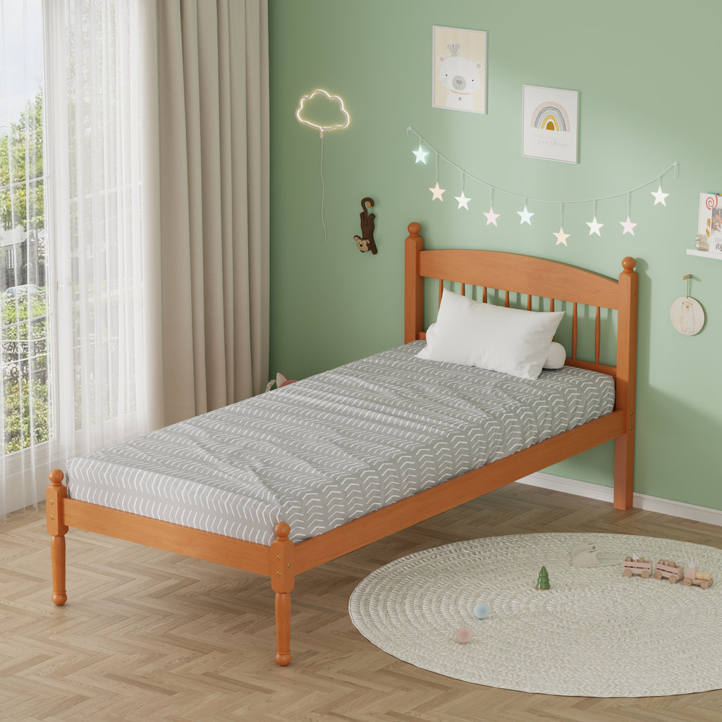 FurnitureHMD Single Bed Frame Platform Bed Frame with Headboard Solid Pine Wood,Waxed Brown