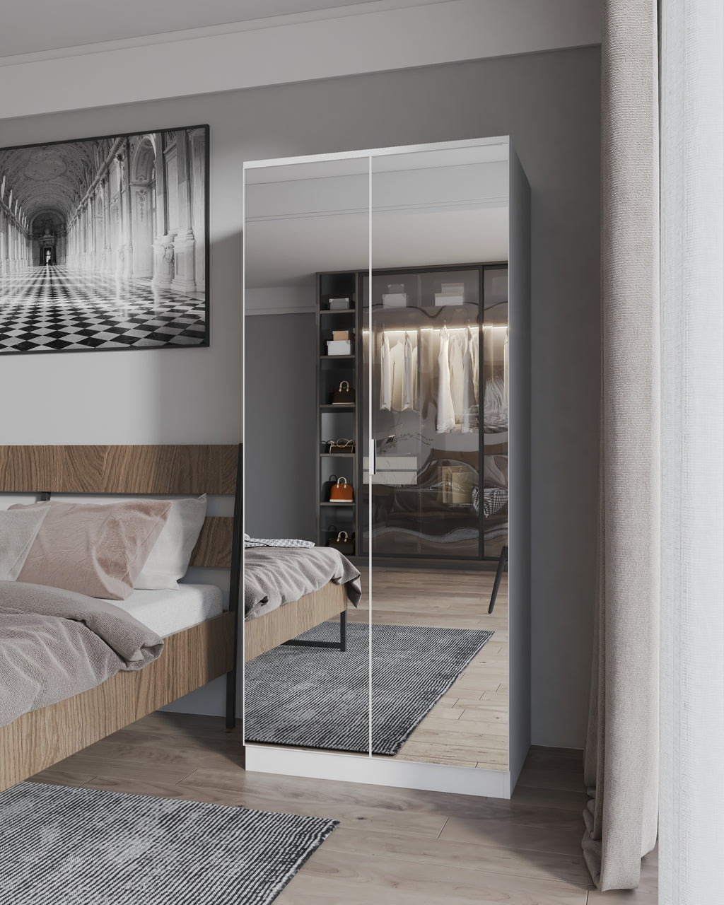 Homemade Design 2 Mirror Door Wardrobe with Hanging Clothing Storage Chest for Bedroom Furniture