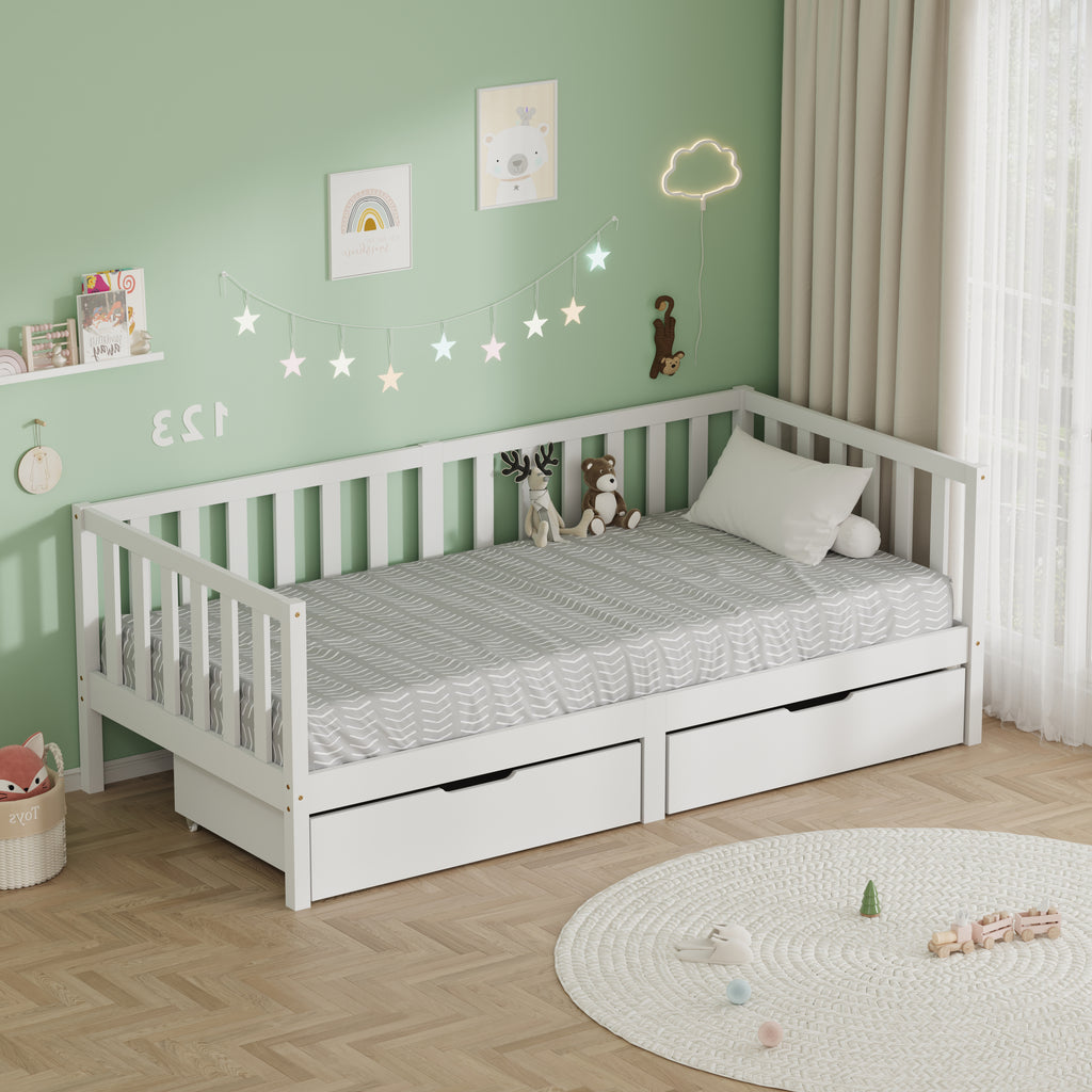 FurnitureHMD Children’s Bed Single Bed Frame with Guardrails and 2 Storage Drawers,Solid Pine Wood