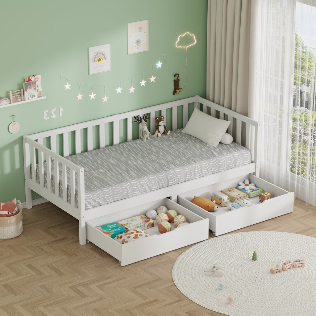 FurnitureHMD Children’s Bed Single Bed Frame with Guardrails and 2 Storage Drawers,Solid Pine Wood