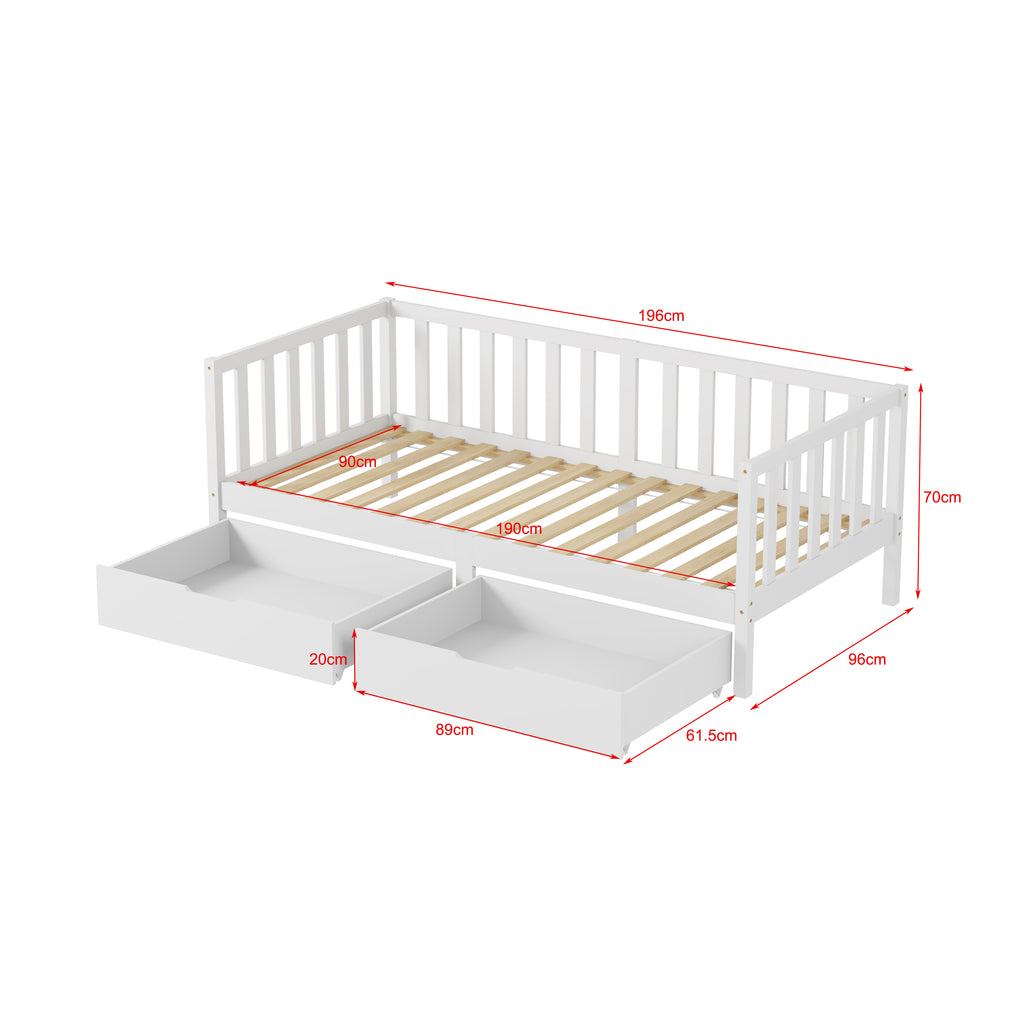 FurnitureHMD Children’s Bed Single Bed Frame with Guardrails and 2 Storage Drawers,Solid Pine Wood