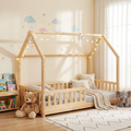 Homemade Design Pine Wood House Bed for Toddlers Montessori Floor Bed with Safety Guardrails,Natural