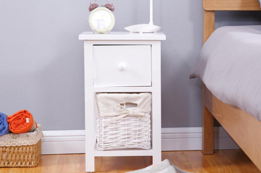 Homemade Design Wood Bedside Tables x 2 Sets Nightstand Storage Cabints with Wicker Woven Basket & 1 Drawer White/Grey Living Room/Bedroom