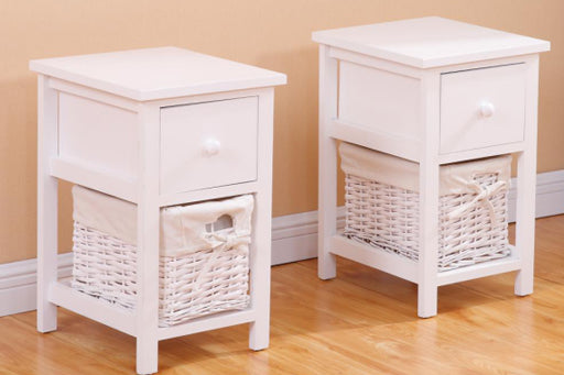 Homemade Design Wood Bedside Tables x 2 Sets Nightstand Storage Cabints with Wicker Woven Basket & 1 Drawer White/Grey Living Room/Bedroom