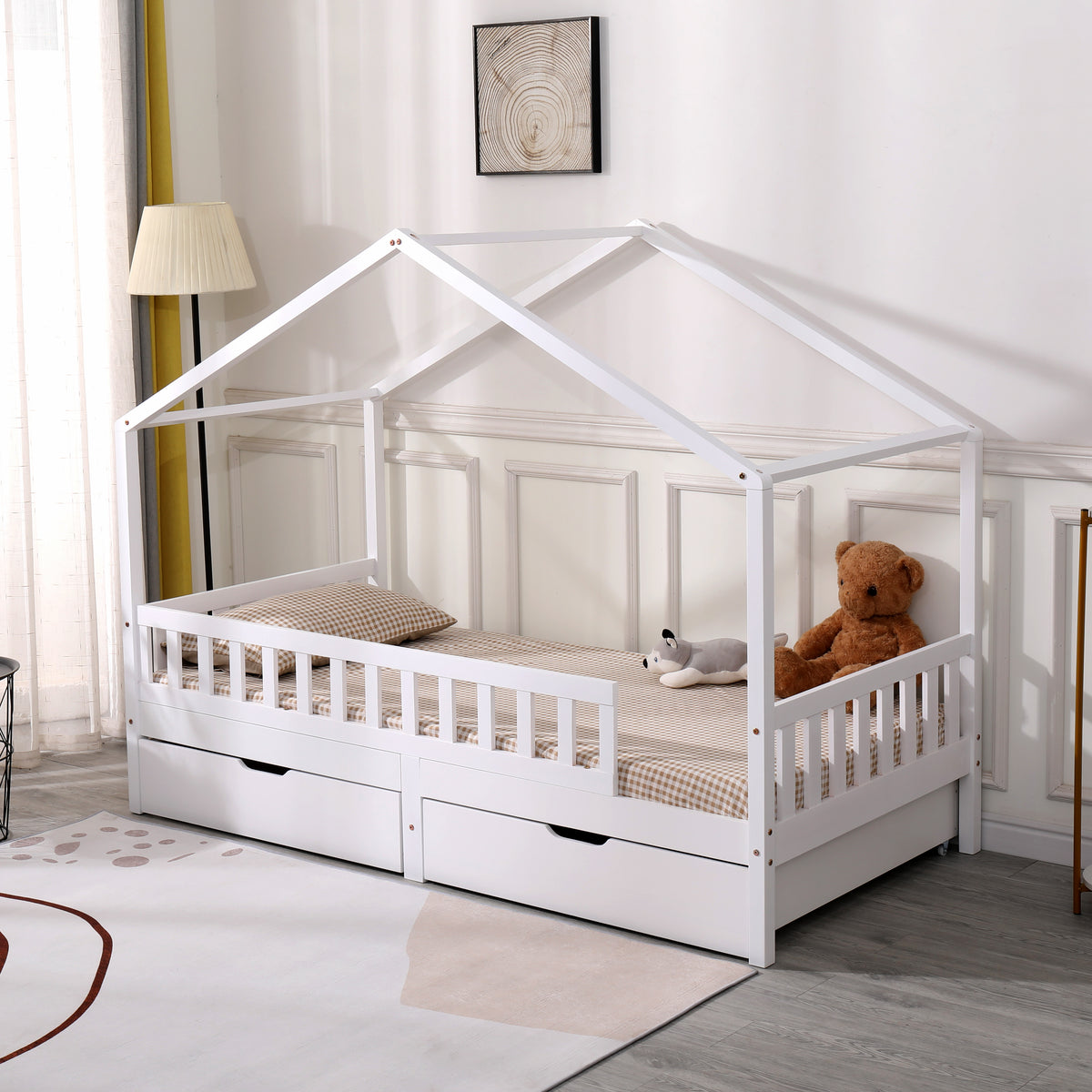 Homemade Design Solid Wood Kids Bed Frame with 2 Drawers Children Hous ...