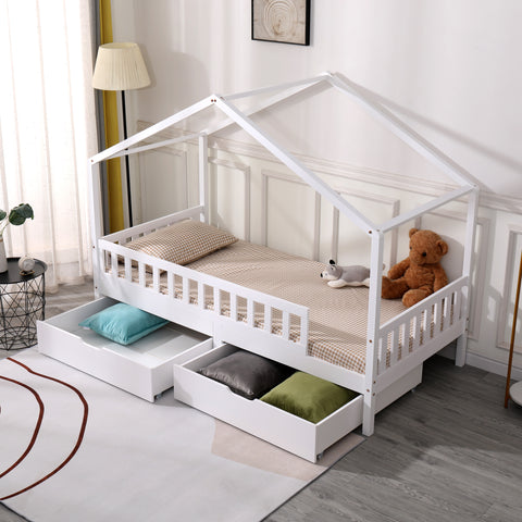 Homemade Design Solid Wood Kids Bed Frame with 2 Drawers Children Hous ...