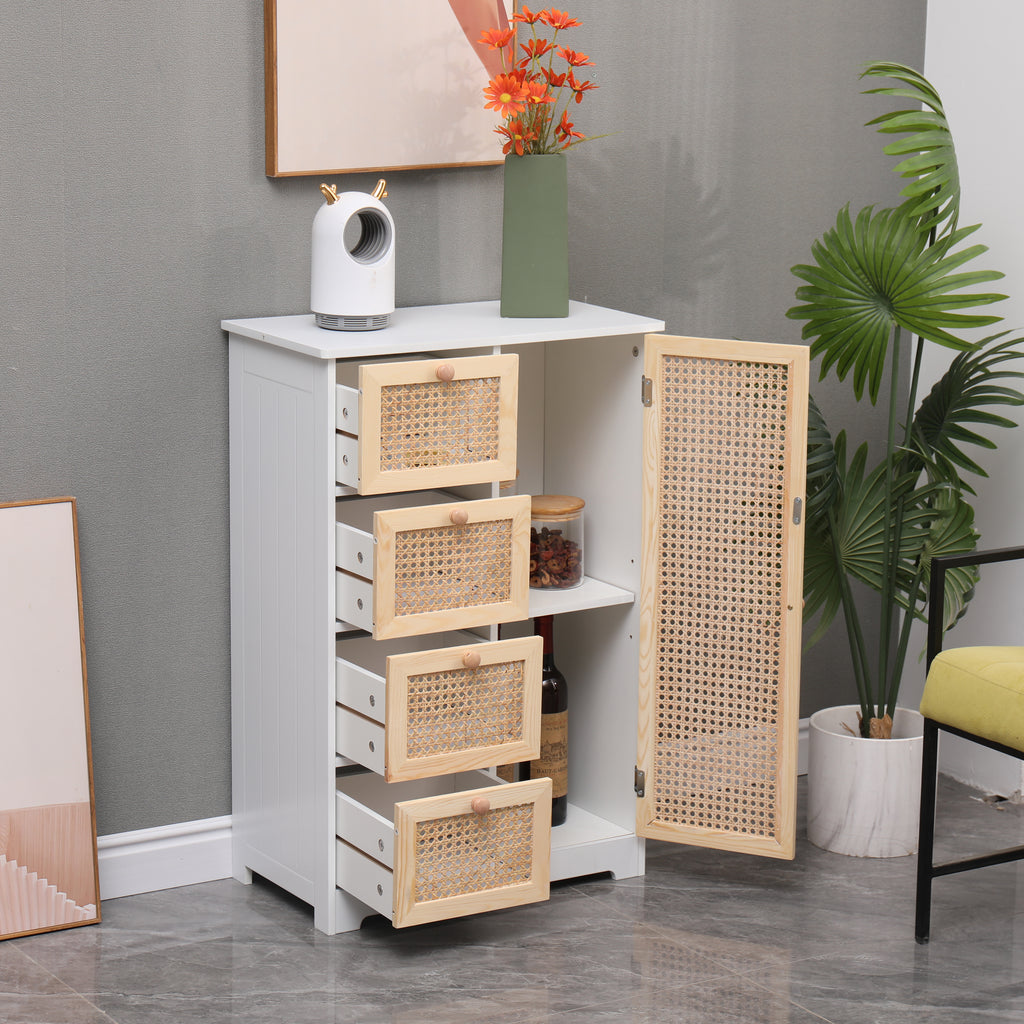 Homemade Design MDF and Rattan Floor Cabient with 1 Door and 4 Drawers Cupboard Sideboard Storage Unit