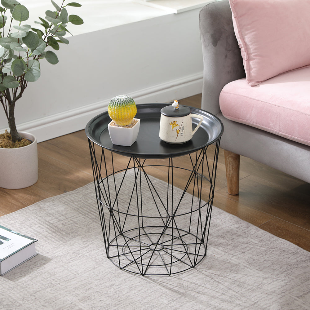 Homemade Design Modern Side Coffee Table End/Sofa Table Metal Tray Top Metal Wire Storage Basket Removable