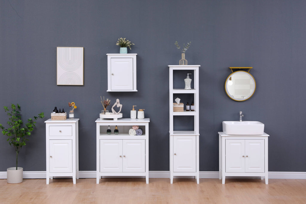 FurnitureHMD MDF Bathroom 5 Pieces Sets Tallboy+Under Sink Cabinet+Wall Cabinets+2 Doors Cabinet+1 Door 1 Drawer Norrow Storage Unit White or Grey