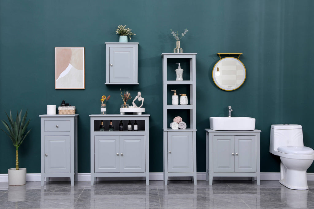 FurnitureHMD MDF Bathroom 5 Pieces Sets Tallboy+Under Sink Cabinet+Wall Cabinets+2 Doors Cabinet+1 Door 1 Drawer Norrow Storage Unit White or Grey