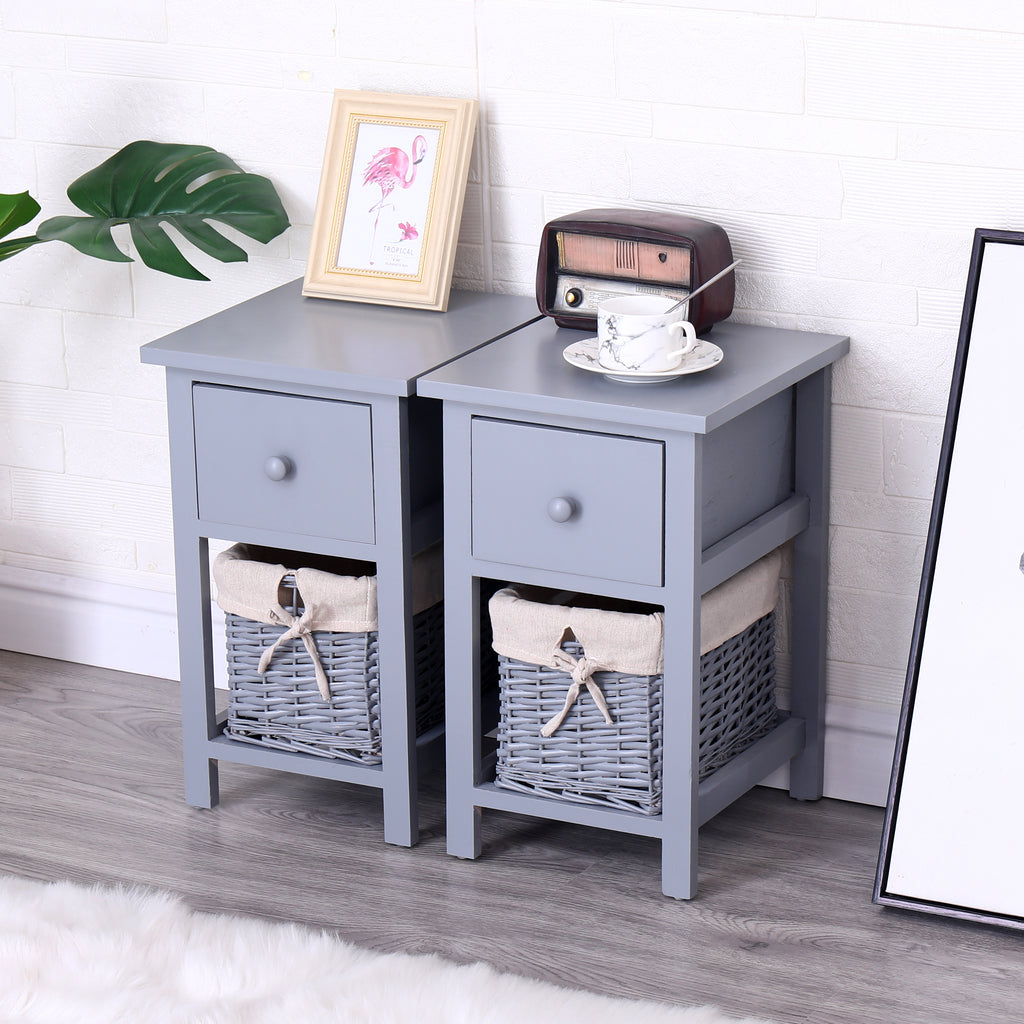 Homemade Design Wood Bedside Tables x 2 Sets Nightstand Storage Cabints with Wicker Woven Basket & 1 Drawer White/Grey Living Room/Bedroom