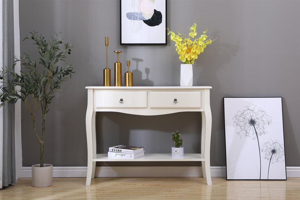 FurnitureHMD MDF Consoles Table with 2 Drawers and Shelf Storage Side Table Storage Unit Chic Classic Curved Legs White, Living Room Hallway,Off White