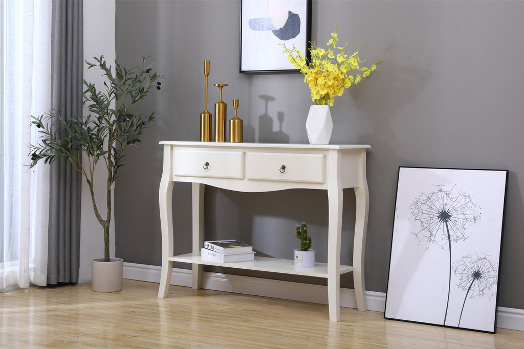 FurnitureHMD MDF Consoles Table with 2 Drawers and Shelf Storage Side Table Storage Unit Chic Classic Curved Legs White, Living Room Hallway,Off White