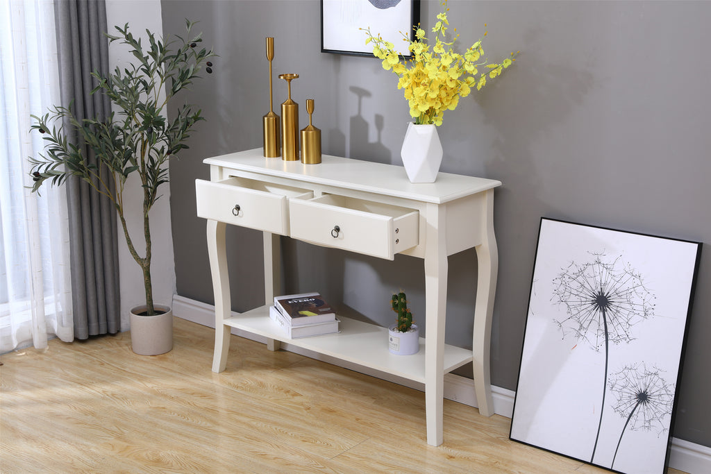 FurnitureHMD MDF Consoles Table with 2 Drawers and Shelf Storage Side Table Storage Unit Chic Classic Curved Legs White, Living Room Hallway,Off White