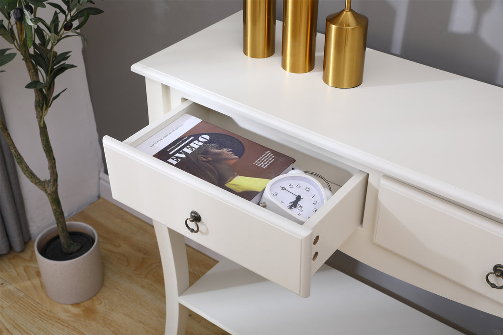 FurnitureHMD MDF Consoles Table with 2 Drawers and Shelf Storage Side Table Storage Unit Chic Classic Curved Legs White, Living Room Hallway,Off White