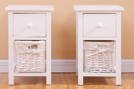 Homemade Design Wood Bedside Tables x 2 Sets Nightstand Storage Cabints with Wicker Woven Basket & 1 Drawer White/Grey Living Room/Bedroom