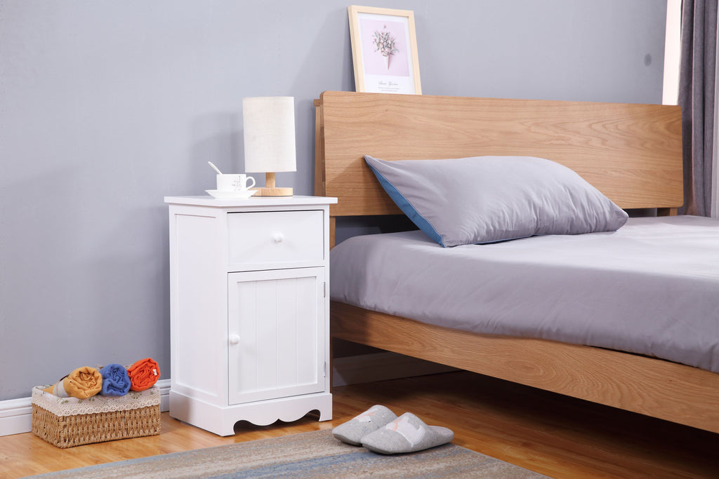 Homemade Design White 1 Drawer and 1 Door Bedside Tables x2 Set Nightstand Cabinet Chest of Drawer for Bedroom Furniture