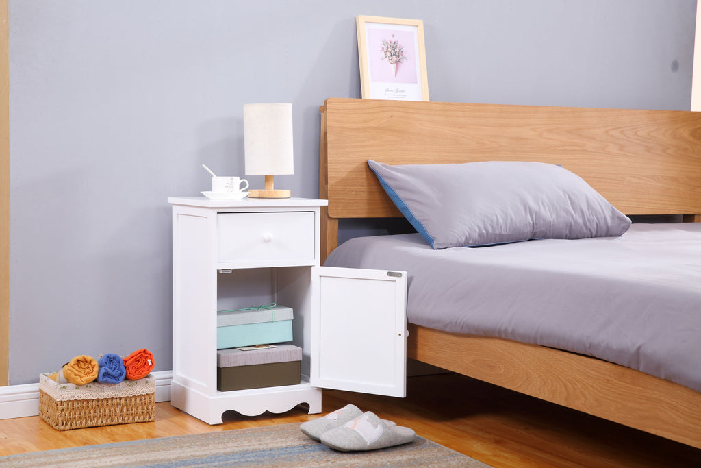 Homemade Design White 1 Drawer and 1 Door Bedside Tables x2 Set Nightstand Cabinet Chest of Drawer for Bedroom Furniture