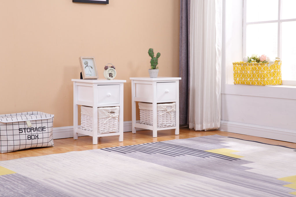 Homemade Design Wooden and Weave Bedsdie tables with 2 Drawers x 2 Sets Storage unit Nightstand for Bedroom Furniture