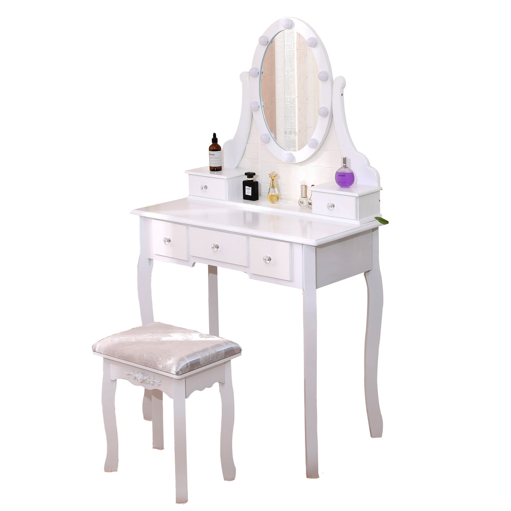 Homemade Design Vanity Dressing Table and Stool Set with LED Light and Round Mirror Dresser Set Makeup Desk Bedroom