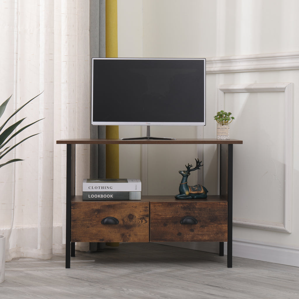 FurnitureHMD Industrial Style Corner TV Unit TV Stand Cabinet with 2 Drawers for Living Room