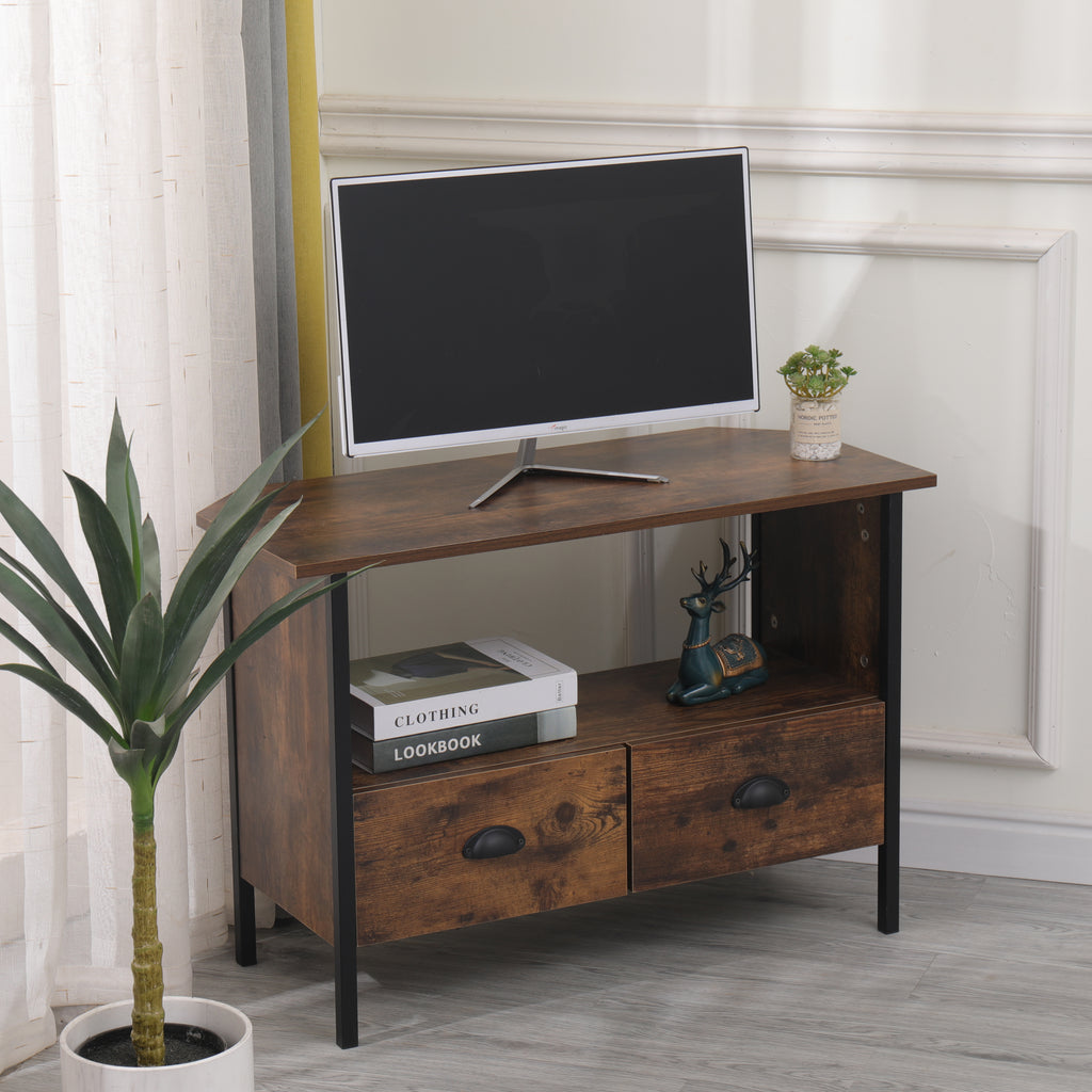 FurnitureHMD Industrial Style Corner TV Unit TV Stand Cabinet with 2 Drawers for Living Room