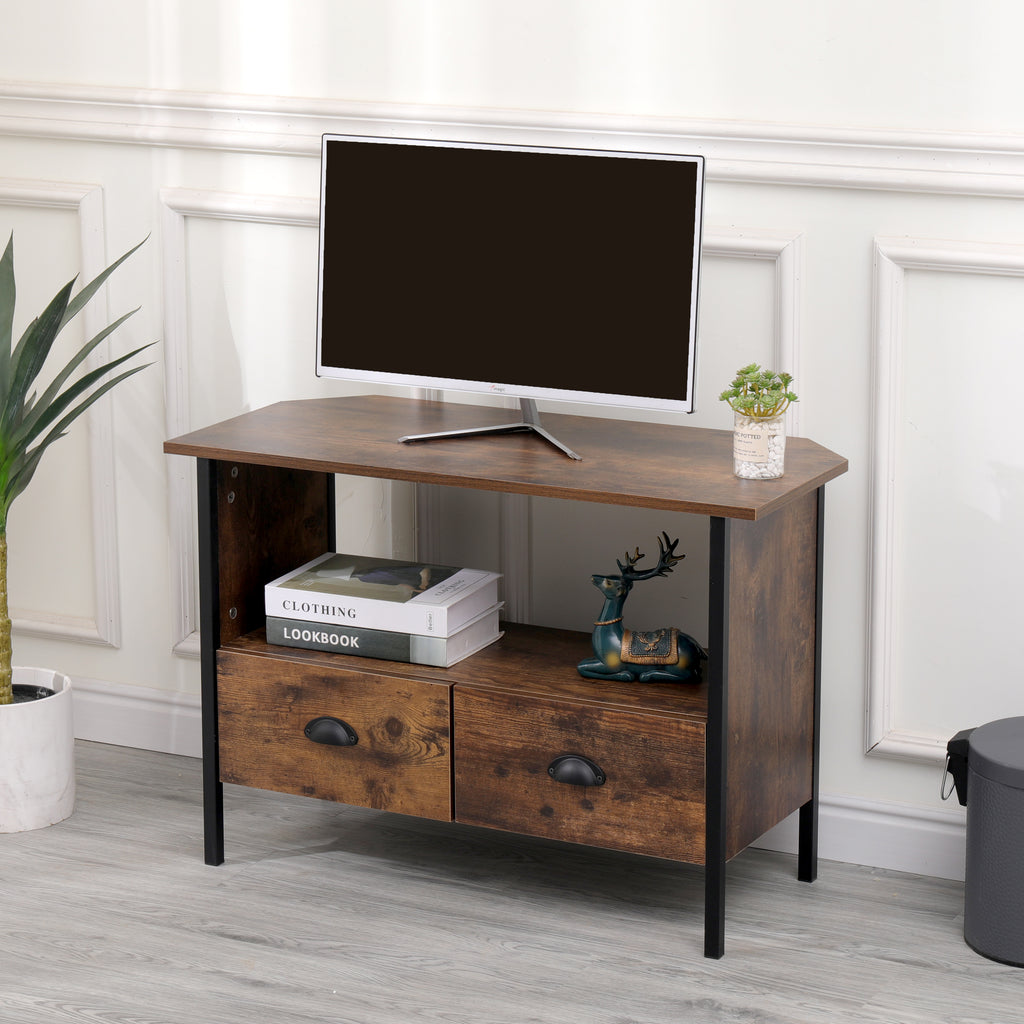 FurnitureHMD Industrial Style Corner TV Unit TV Stand Cabinet with 2 Drawers for Living Room