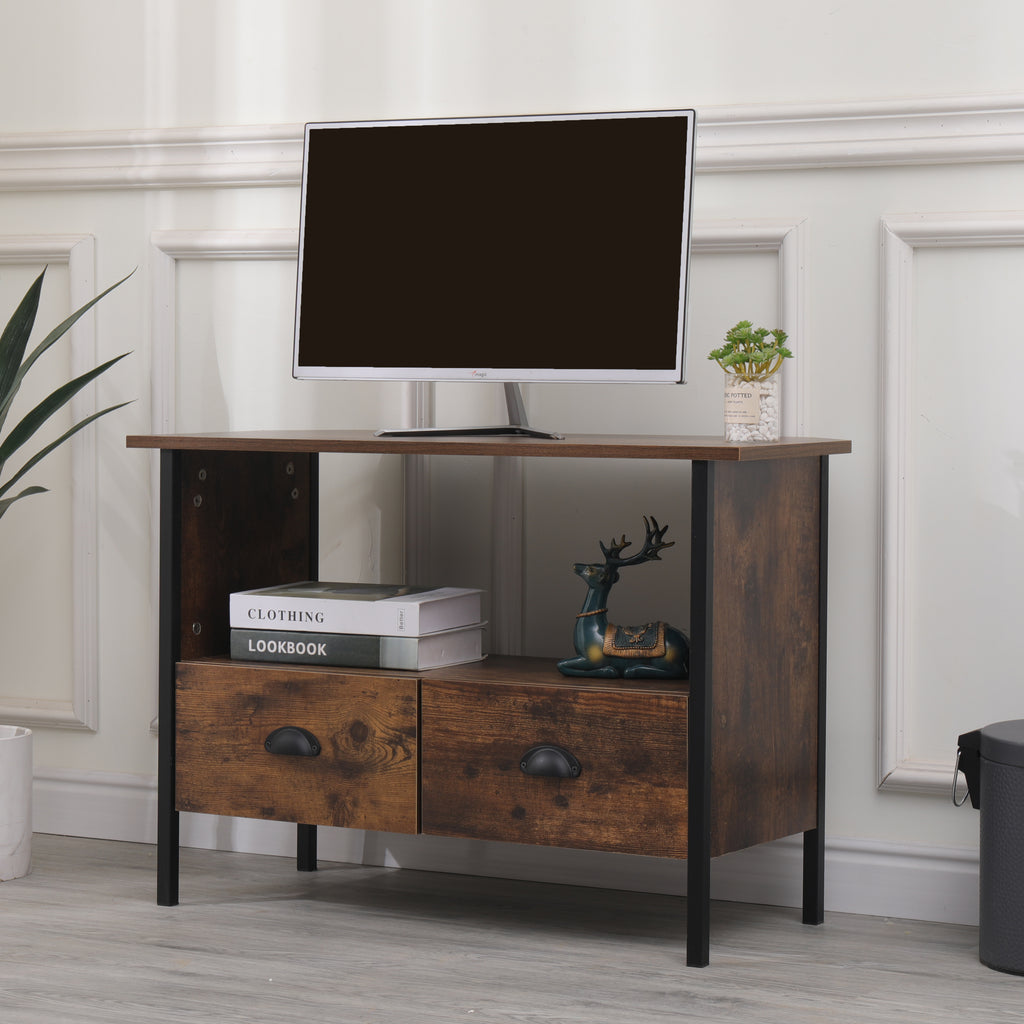 FurnitureHMD Industrial Style Corner TV Unit TV Stand Cabinet with 2 Drawers for Living Room