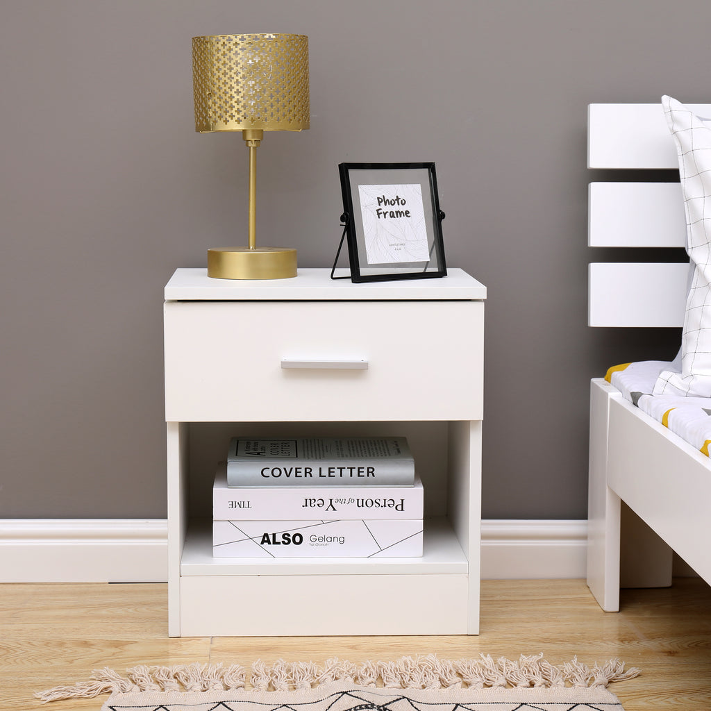 Homemade Design 1 Drawers Cabinet Bedside Table with shelf Nightstand Side Table Living Room White