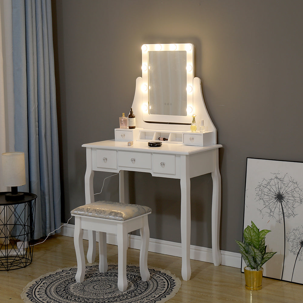 Homemade Design Dressing Table and Stool Set with LED Light and Mirror Dresser Set Makeup Desk Bedroom