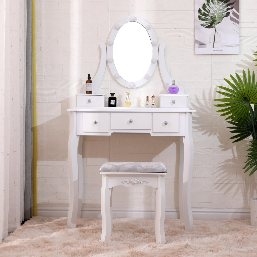 Homemade Design Vanity Dressing Table and Stool Set with LED Light and Round Mirror Dresser Set Makeup Desk Bedroom