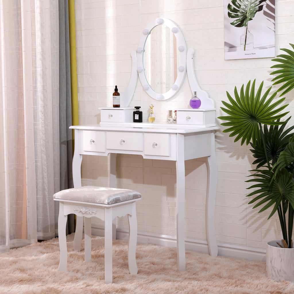 Homemade Design Vanity Dressing Table and Stool Set with LED Light and Round Mirror Dresser Set Makeup Desk Bedroom