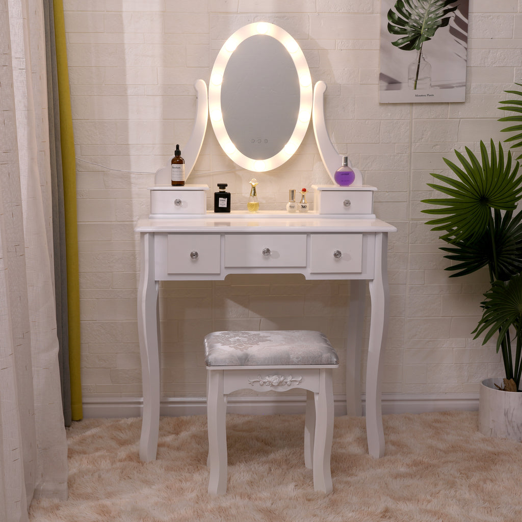 Homemade Design Vanity Dressing Table and Stool Set with LED Light and Round Mirror Dresser Set Makeup Desk Bedroom